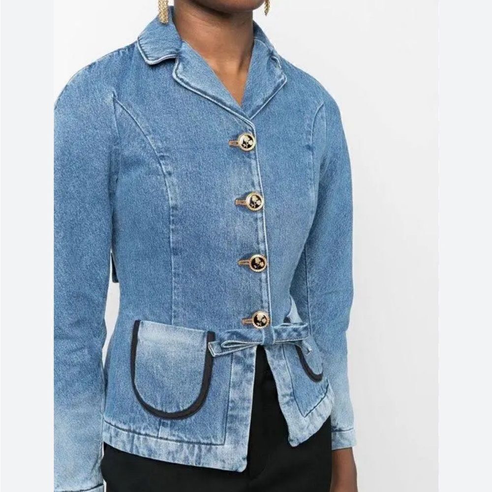 Revolve Cormio Cynthia Collared Button Down Bow Detail Denim Jean Jacket Size L